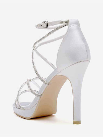 ホワイトウェディングシューズ サテンオープントゥ ラインストーン ストラップブライダルシューズ