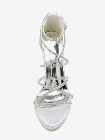 ホワイトウェディングシューズ サテンオープントゥ ラインストーン ストラップブライダルシューズ