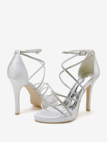 ホワイトウェディングシューズ サテンオープントゥ ラインストーン ストラップブライダルシューズ