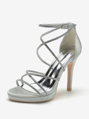 シルバー ホワイトウェディングシューズ サテンオープントゥ ラインストーン ストラップブライダルシューズ