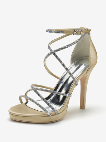 シャンパンカラーホワイトウェディングシューズ サテンオープントゥ ラインストーン ストラップブライダルシューズ