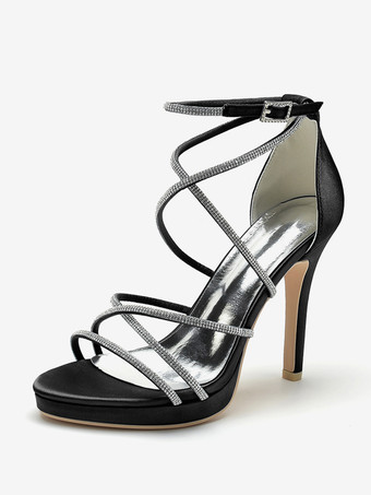 ブラック ホワイトウェディングシューズ サテンオープントゥ ラインストーン ストラップブライダルシューズ