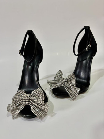 noir Chaussures de soirée à talons hauts avec strass et nœud sandales à bout ouvert et bride à la cheville