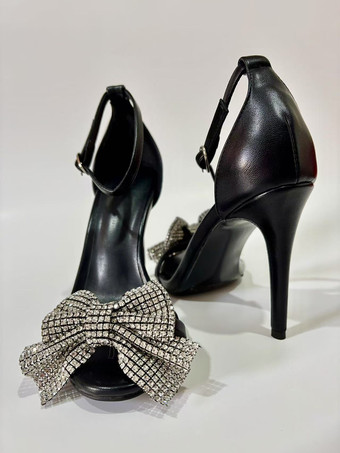 Chaussures de soirée à talons hauts avec strass et nœud sandales à bout ouvert et bride à la cheville