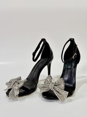 Chaussures de soirée à talons hauts avec strass et nœud sandales à bout ouvert et bride à la cheville