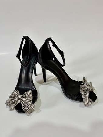 Chaussures de soirée à talons hauts avec strass et nœud sandales à bout ouvert et bride à la cheville