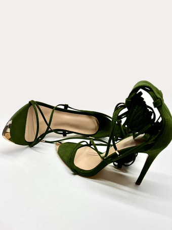 High Heel Sandals Suede Open Toe Metal Detail Lace Up Party Shoes