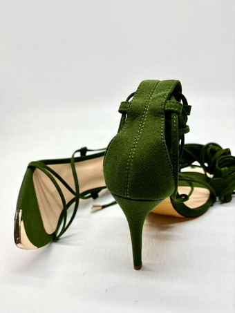 High Heel Sandals Suede Open Toe Metal Detail Lace Up Party Shoes