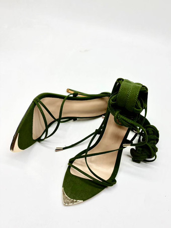 Green High Heel Sandals Suede Open Toe Metal Detail Lace Up Party Shoes