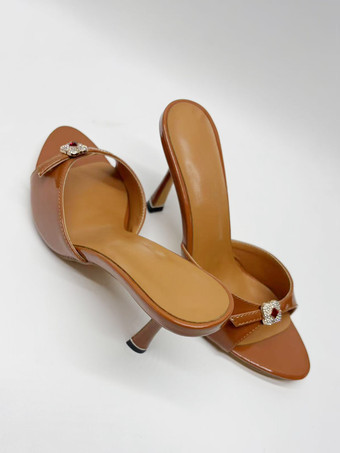 ブラウンのハイヒールミュール、オープントゥ、ラインストーン、バックレスハイヒールサンダル