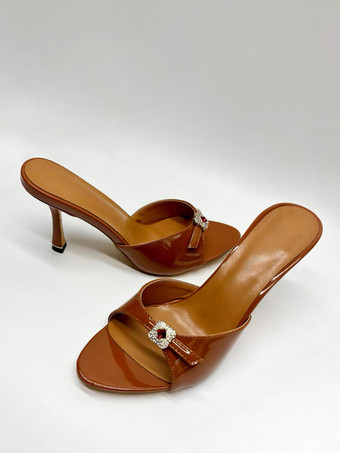 ブラウンのハイヒールミュール、オープントゥ、ラインストーン、バックレスハイヒールサンダル