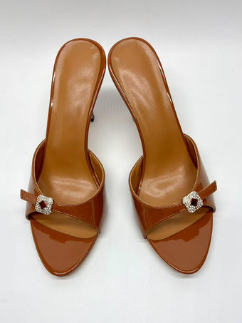 ブラウン ブラウンのハイヒールミュール、オープントゥ、ラインストーン、バックレスハイヒールサンダル