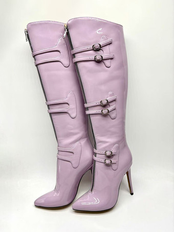 Stivali alti fino al ginocchio color lavanda con punta affilata fibbie e tacco alto