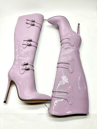 Stivali alti fino al ginocchio color lavanda con punta affilata fibbie e tacco alto
