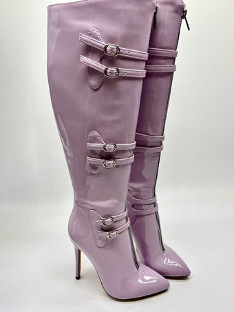Stivali alti fino al ginocchio color lavanda con punta affilata fibbie e tacco alto