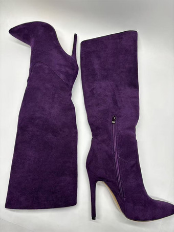 スエードニーハイブーツ ポインテッドトゥ ジップディテール ハイヒールブーツ