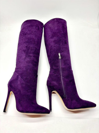 スエードニーハイブーツ ポインテッドトゥ ジップディテール ハイヒールブーツ