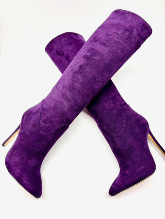 スエードニーハイブーツ ポインテッドトゥ ジップディテール ハイヒールブーツ