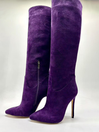 グレープスエードニーハイブーツ ポインテッドトゥ ジップディテール ハイヒールブーツ