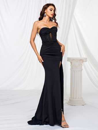 ハイスリットのマーメイドルーシュロングプロムドレス、女性用ブラックストラップレスイブニングガウン 2025