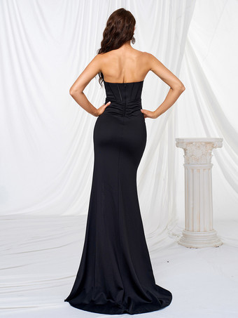 ハイスリットのマーメイドルーシュロングプロムドレス、女性用ブラックストラップレスイブニングガウン 2025