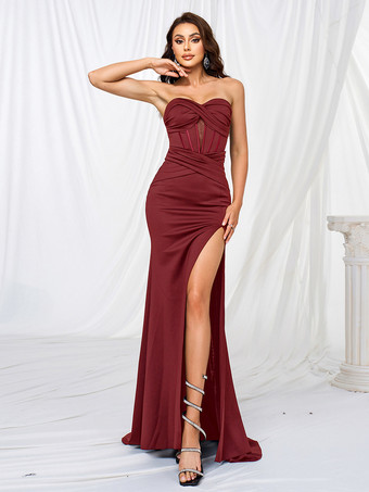 ワインレッド ハイスリットのマーメイドルーシュロングプロムドレス、女性用ブラックストラップレスイブニングガウン 2025