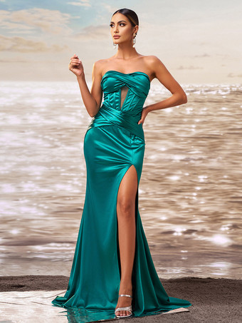 グリーン ハイスリットのマーメイドルーシュロングプロムドレス、女性用ブラックストラップレスイブニングガウン 2025