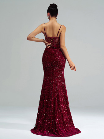 ブルゴーニュ マーメイド イブニング ドレス セクシーなシアー レースとスパンコールのプロム ドレス レディース 2026