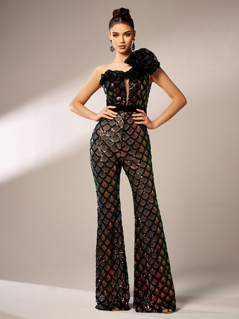 マーメイドスケール スパンコール ジャンプスーツ 花柄 ワンショルダー エッジィ パーティーウェア レディース 2025