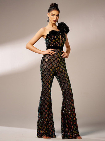 マーメイドスケール スパンコール ジャンプスーツ 花柄 ワンショルダー エッジィ パーティーウェア レディース 2025