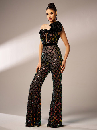 マーメイドスケール スパンコール ジャンプスーツ 花柄 ワンショルダー エッジィ パーティーウェア レディース 2025