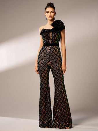 ブラック マーメイドスケール スパンコール ジャンプスーツ 花柄 ワンショルダー エッジィ パーティーウェア レディース 2025