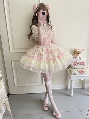 スウィートロリータドレスOPプリーツノースリーブポリエステルスウィートピンク姫ロリータドレス