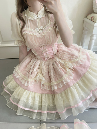スウィートロリータドレスOPプリーツノースリーブポリエステルスウィートピンク姫ロリータドレス