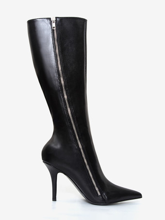 ブラックニーブーツ レディース ポインテッドトゥ ジップアップ ハイヒールブーツ