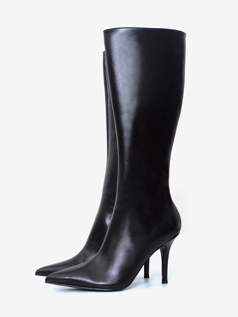 PUブラックブラックニーブーツ レディース ポインテッドトゥ ジップアップ ハイヒールブーツ