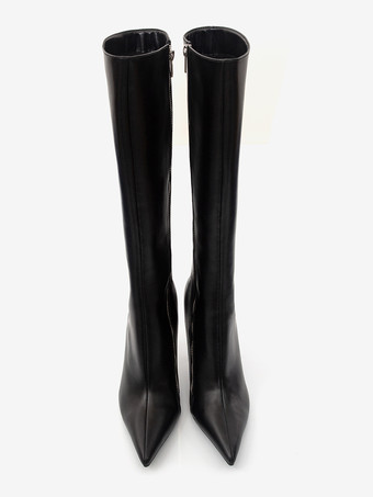 ブラックニーブーツ レディース ポインテッドトゥ ジップアップ ハイヒールブーツ