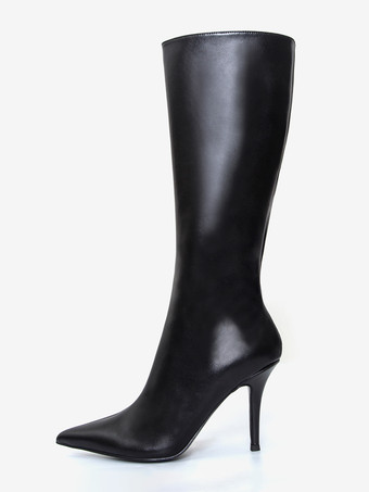 ブラックニーブーツ レディース ポインテッドトゥ ジップアップ ハイヒールブーツ