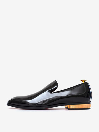 ブラック メンズ スリッポン ローファー ポインテッドトゥ ローヒール パテントシューズ