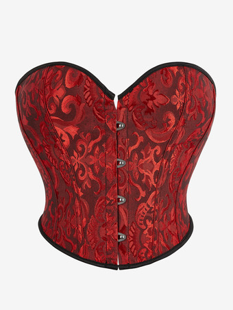 ダークレッドブラックコルセットランジェリーシェイプウェアブラックフロントボタンレディースコルセット