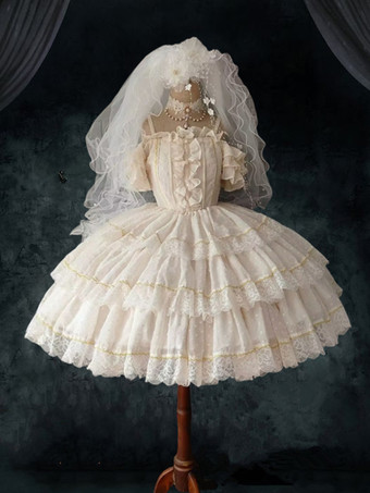 アイボリー スイートロリータドレスウェディングJSKポリエステル半袖スイートバレエロリータドレス