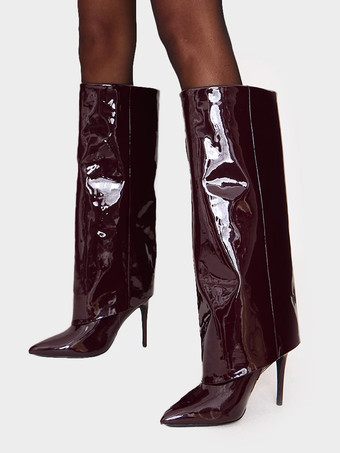 ワインレッド ニーブーツ レディース パテントPUアッパー ニーハイブーツ スティレットヒール