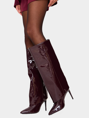 ニーブーツ レディース パテントPUアッパー ニーハイブーツ スティレットヒール