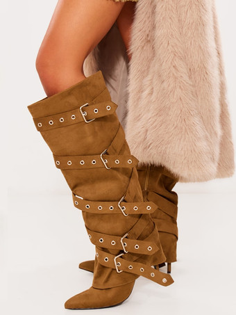 Bottes en daim marron à mollet large bout pointu détail boucle talon haut bottes hautes au genou