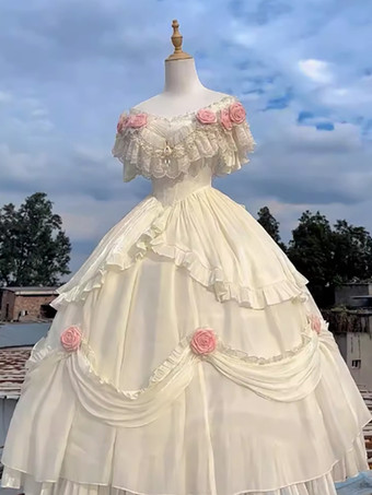 アイボリー ウェディング プリンセス ロリータ ドレス ポリエステル 半袖 ボールガウン スイート ロリータ ドレス