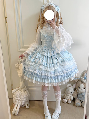 ライトスカイブルー【大人気】スウィートロリータドレスJSK多層ポリエステルノースリーブスウィートロリータドレス