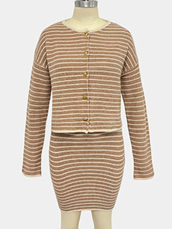 ストライプニットのツーピースコーデセット クルーネックカーディガンとミディスカート 春のカジュアルコーデ レディース 2025