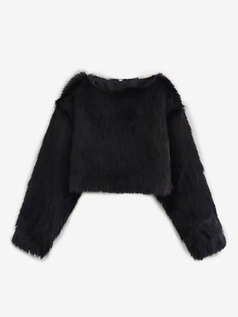 Cozy Faux Fur Crop Tops Crew Neck Long Sleeve Spring Casual Tops For Women 2025