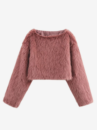 Cozy Faux Fur Crop Tops Crew Neck Long Sleeve Spring Casual Tops For Women 2025