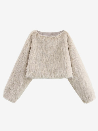 Cozy Faux Fur Crop Tops Crew Neck Long Sleeve Spring Casual Tops For Women 2025